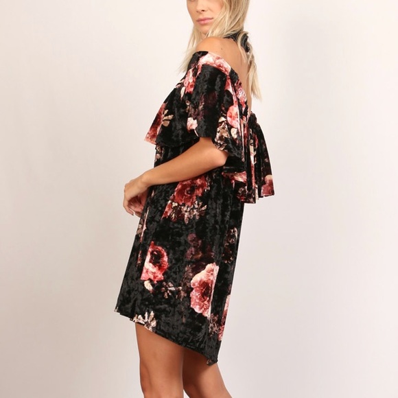 Black Floral Velvet Off The Shoulder Dress - Picture 3 of 6